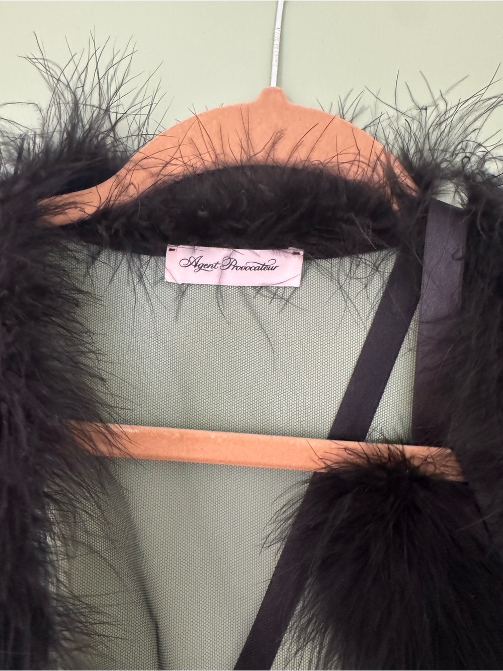Agent Provocateur Black Sheer Marabou-Trim Robe with Pom Ties - Picture 2 of 4